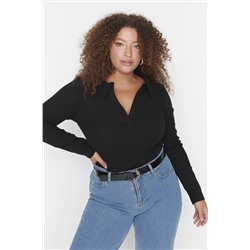 Siyah Vücuda Oturan Fitilli Örme Gömlek Yaka Çıtçıtlı Body TBBAW23CS00007