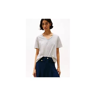 Linen-Blend Stripe V-Neck Top