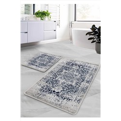 Pilloveland Kaymaz Taban Yıkanabilir 2’li Banyo Paspası - Lacivert Farmhouse Desenli 60*100 Cm - 50*60 Cm BM0197