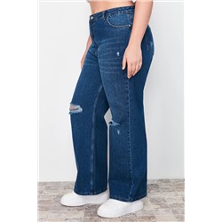 Trendyol Curve Koyu Mavi Yüksek Bel Destroylu Geniş Paça Büyük Beden Wide Leg Jeans TBBSS22JE00006