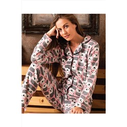 CALİA Kadın Önden Düğmeli Uzun Kollu Polar Peluş Kışlık Sıcak Tutan Pijama Takımı 687YP201