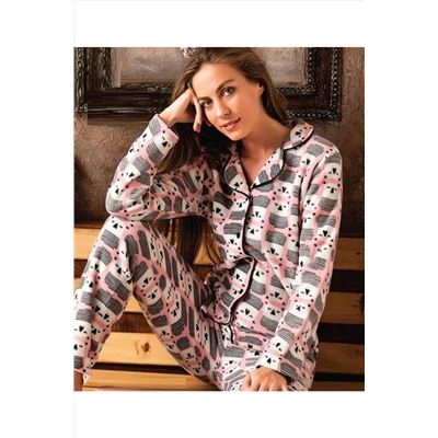 CALİA Kadın Önden Düğmeli Uzun Kollu Polar Peluş Kışlık Sıcak Tutan Pijama Takımı 687YP201