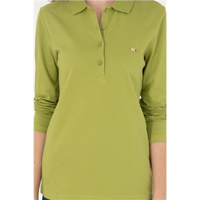 Kadın Fıstık Yeşili Basic Polo Yaka Sweatshirt