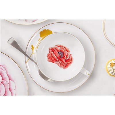 Пара чайная, 1 перс, 2 пр, 250 мл, фарфор F, белая, с золотистым кантом, Мак, Flowers, 60491