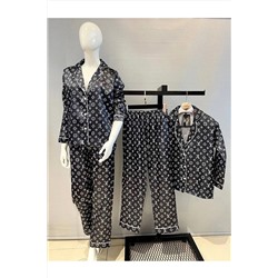 SATTENS Siyah Baskılı Kadın saten pijama takımı Lk90