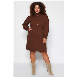 Trendyol Curve Kahverengi Düğmeli Gabardin Dokuma Elbise TBBAW24AH00036