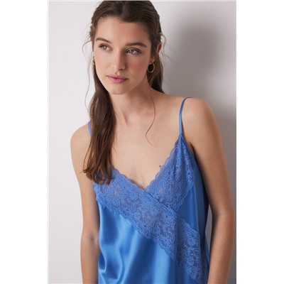 Camisón corto satén y encaje azul