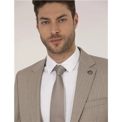 Bej Çizgili Ekstra Slim Fit Yün Takım Elbise