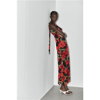 FLORAL PRINT TULLE SCARF DRESS