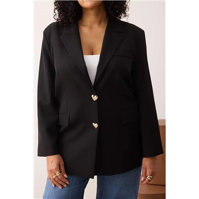 Siyah Oversize/Bol Kesim Düğmeli Dokuma Büyük Beden Blazer Ceket TBBAW26AG00008