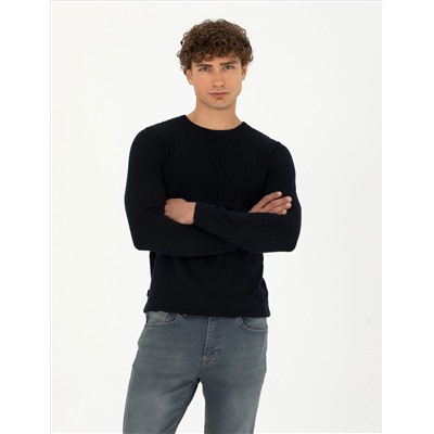 Lacivert Slim Fit Bisiklet Yaka Triko Kazak