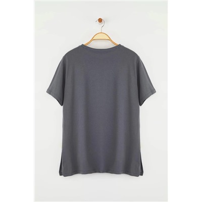 Antrasit Bisiklet Yaka %100 Pamuk Örme T-Shirt TBBSS23BF00030