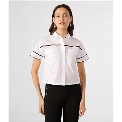 LOGO LACE TRIM CROPPED WHITE SHIRT