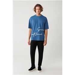 İndigo %100 Pamuk Bisiklet Yaka Baskılı T-Shirt