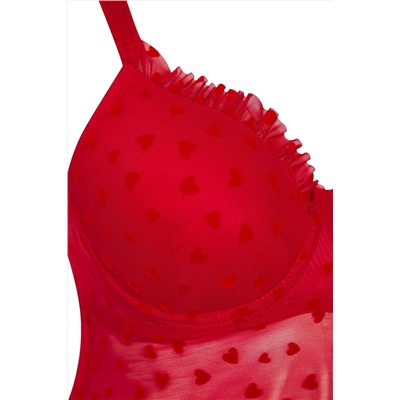 Kırmızı Sabit Kaplı Ayarlanabilir Askılı Flok Kalp Desenli Büyük Beden Babydoll TBBSS25DH00000