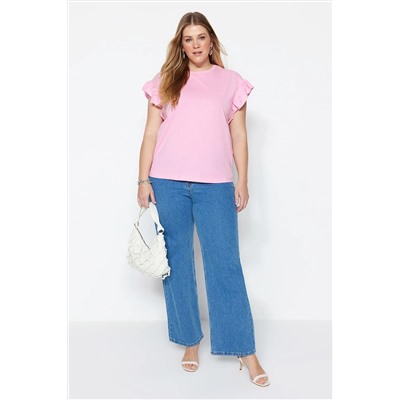 Pembe Bisiklet Yaka Kolları Fırfırlı %100 Pamuk Örme T-Shirt TBBSS23BF00006