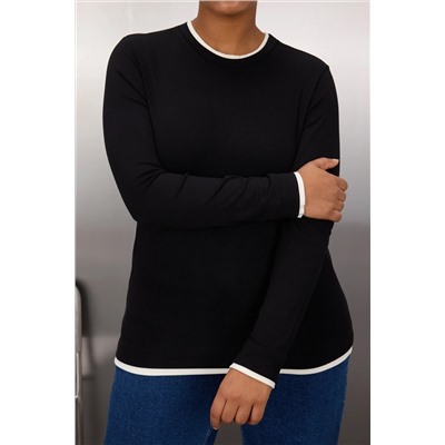 Siyah Renk Bloklu Fitted/Vücuda Oturan Viskon/Yumuşak Kumaşlı Esnek Örme Bluz