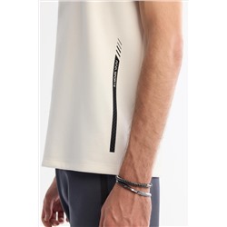 Ekru Bisiklet Yaka Baskılı Elastan T-Shirt
