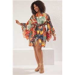 Çok Renkli Tropikal Desenli Kuşaklı Mini Dokuma Büyük Beden Kimono&Kaftan TBBSS25DE00004