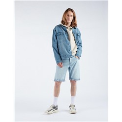 Printed Base Straight Fit Denim Shorts, Men, Light Blue