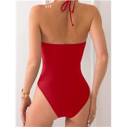 SHEIN Swim Women's Solid Color Ruched Plunging Neckline Sexy Jumpsuit Swimsuit Summer