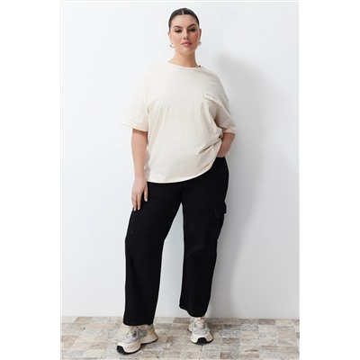 Taş Cep Kapak Detaylı Oversize %100 Pamuk Örme T-shirt TBBSS24BF00010