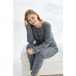 Siyah İnci antrasit kedi desenli Curve Büyük Beden Battal boy Pamuklu Pijama Takımı 7683