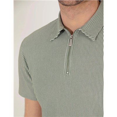 Haki Slim Fit Fermuarlı Polo Yaka Tişört