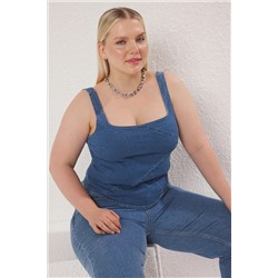 Trendyol Curve Mavi Kare yaka Askılı Denim Büyük Beden Bluz TBBSS25AF00103