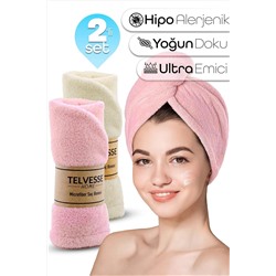 Telvesse, 2li Set Mikrofiber Saç Havlusu Plaj Deniz Havuz Bonesi Banyo Saç Kurutma Baş Havlusu Krem-Pembe