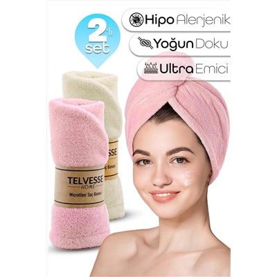 Telvesse, 2li Set Mikrofiber Saç Havlusu Plaj Deniz Havuz Bonesi Banyo Saç Kurutma Baş Havlusu Krem-Pembe