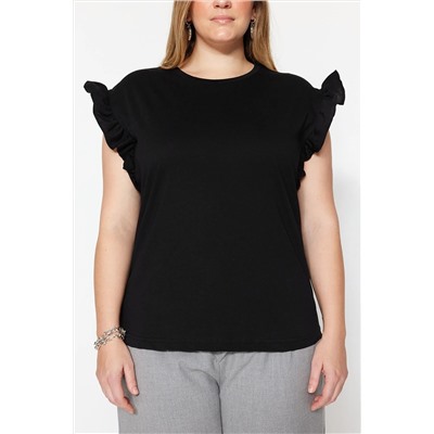 Siyah Bisiklet Yaka Kolları Fırfırlı %100 Pamuk Örme T-Shirt TBBSS23BF00006
