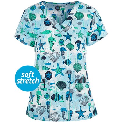 Green Town Seahorse Shellfish V-Neck Print Scrub Top