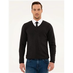 Antrasit Melanj Slim Fit V Yaka Basic Triko Kazak