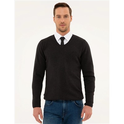 Antrasit Melanj Slim Fit V Yaka Basic Triko Kazak