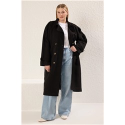 Trendyol Curve Siyah Uzun Oversize Büyük Beden Trençkot TBBSS25BM00002