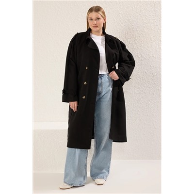 Trendyol Curve Siyah Uzun Oversize Büyük Beden Trençkot TBBSS25BM00002