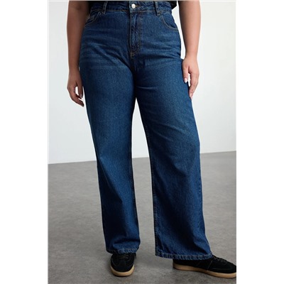 Koyu Mavi Yüksek Bel Soluk Efekt Vintage Yıkama Geniş Paça Büyük Beden Wide Leg Jeans TBBSS24CJ00042