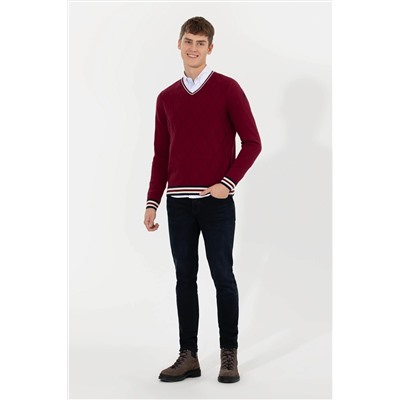 Erkek Bordo V - Yaka Triko Kazak