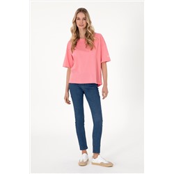 Kadın Pembe Oversize Bisiklet Yaka Tişört