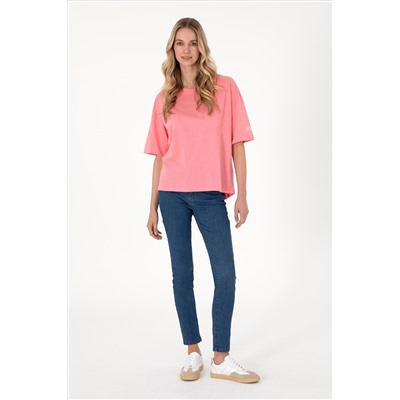 Kadın Pembe Oversize Bisiklet Yaka Tişört