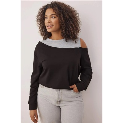 Siyah Bisiklet Yaka Omuz Detaylı İnce Örme Büyük Beden Sweatshirt TBBAW23AO00020