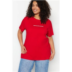 Kırmızı Boyfriend Fit Slogan Baskılı Bisiklet Yaka %100 Pamuk Büyük Beden T-Shirt TBBSS23BF00022