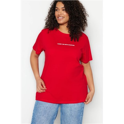 Kırmızı Boyfriend Fit Slogan Baskılı Bisiklet Yaka %100 Pamuk Büyük Beden T-Shirt TBBSS23BF00022