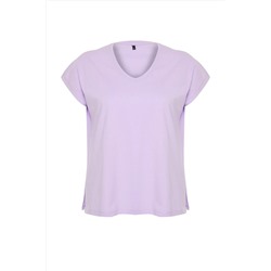 Lila V Yaka Yırtmaçlı Basic Örme T-Shirt TBBSS22BF0036