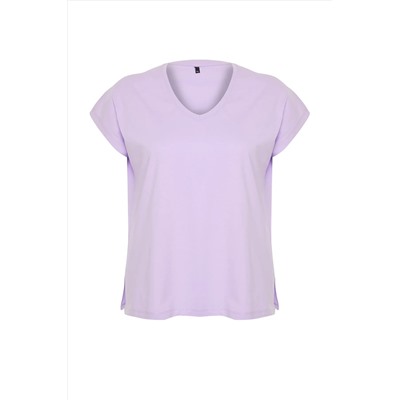 Lila V Yaka Yırtmaçlı Basic Örme T-Shirt TBBSS22BF0036