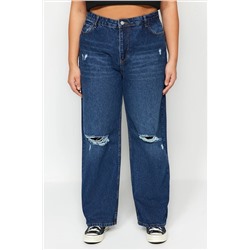 Koyu Mavi Yüksek Bel Destroylu Geniş Paça Büyük Beden Wide Leg Jeans TBBSS22JE00006
