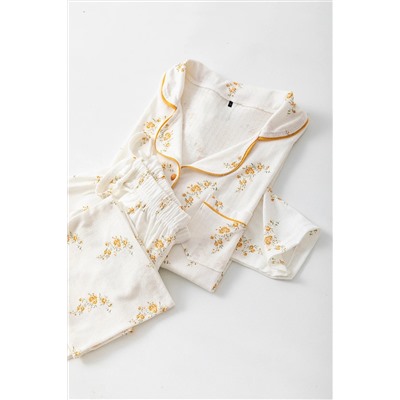 Çok Renkli Çiçek Desenli Biyeli Gömlek Yaka Dokulu Örme Pijama Takımı TBBAW26AI00039