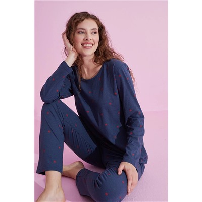 Siyah İnci indigo puan desenli Pamuklu Pijama Takımı 7613