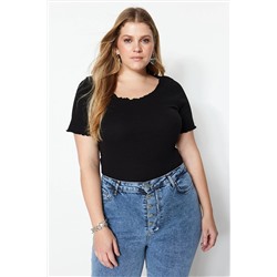 Trendyol Curve Siyah Fitilli Örme U Yaka T-Shirt TBBSS23BF00010